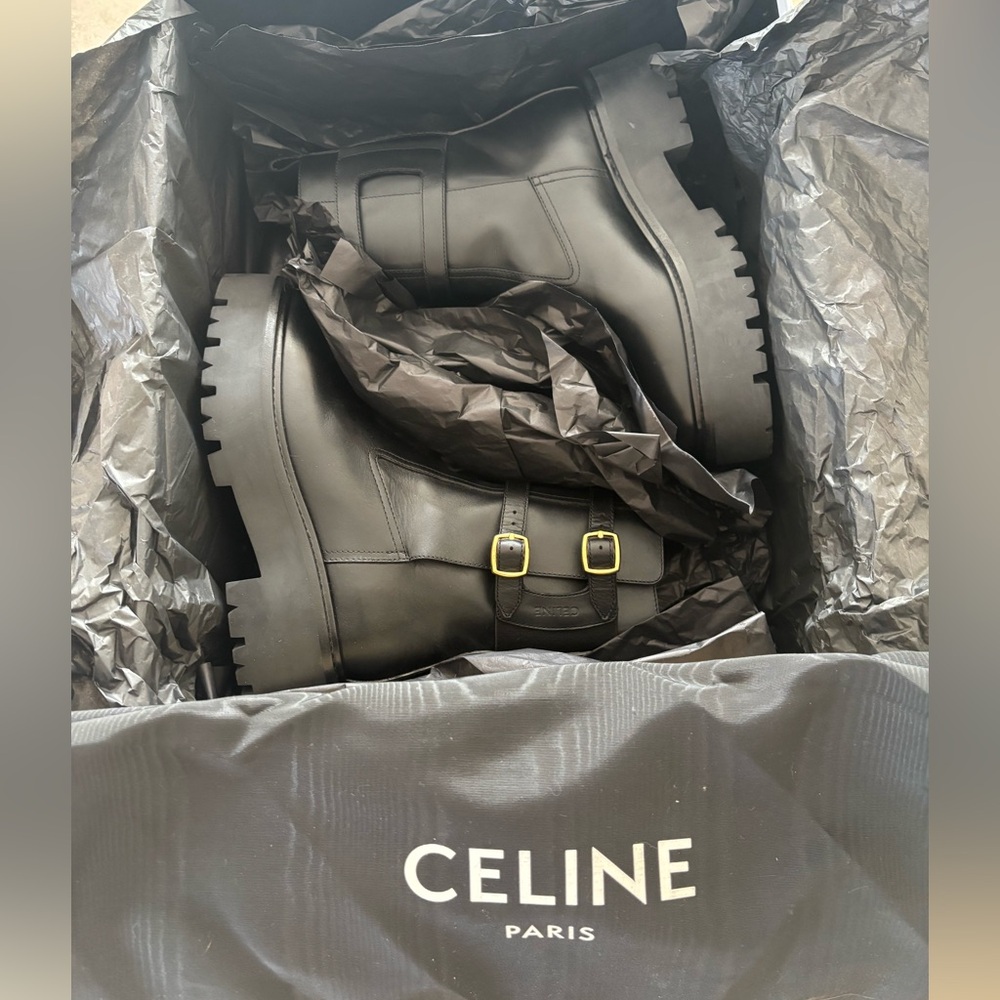 Celine Black Platform Boots with Gold Buckles - Picture 5 of 5